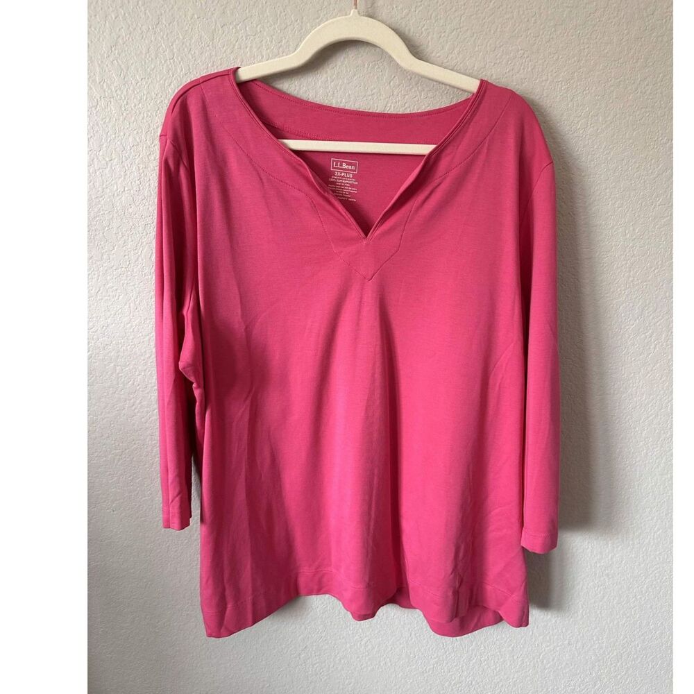 LL Bean Womens 3X Plus Pink 100% Supima Cotton Split Neck 3/4 Sleeve Tee Top